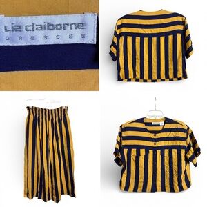 Skirt Set 12 Liz Claiborne Navy Mustard Striped 2 Piece Outfit